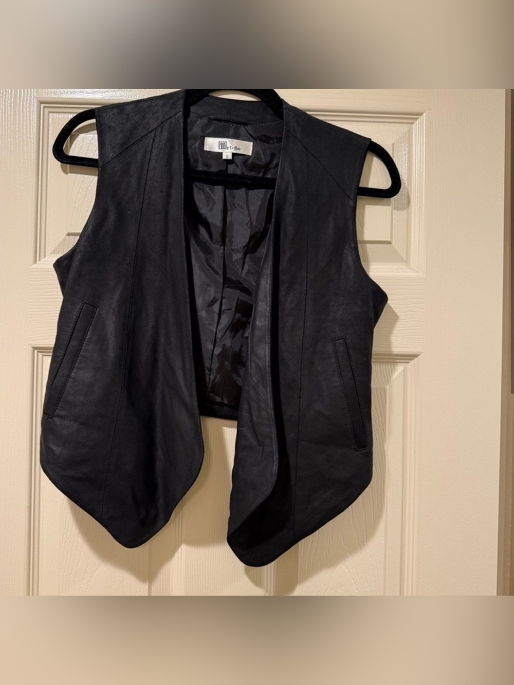 My Tribe Women’s Genuine Leather Black Waterfall Vest Size S
